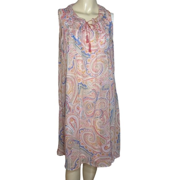 Tommy Hilfiger sleeveless ruffle collar Pastel Paisley Summer Shift Dress L - Picture 1 of 12